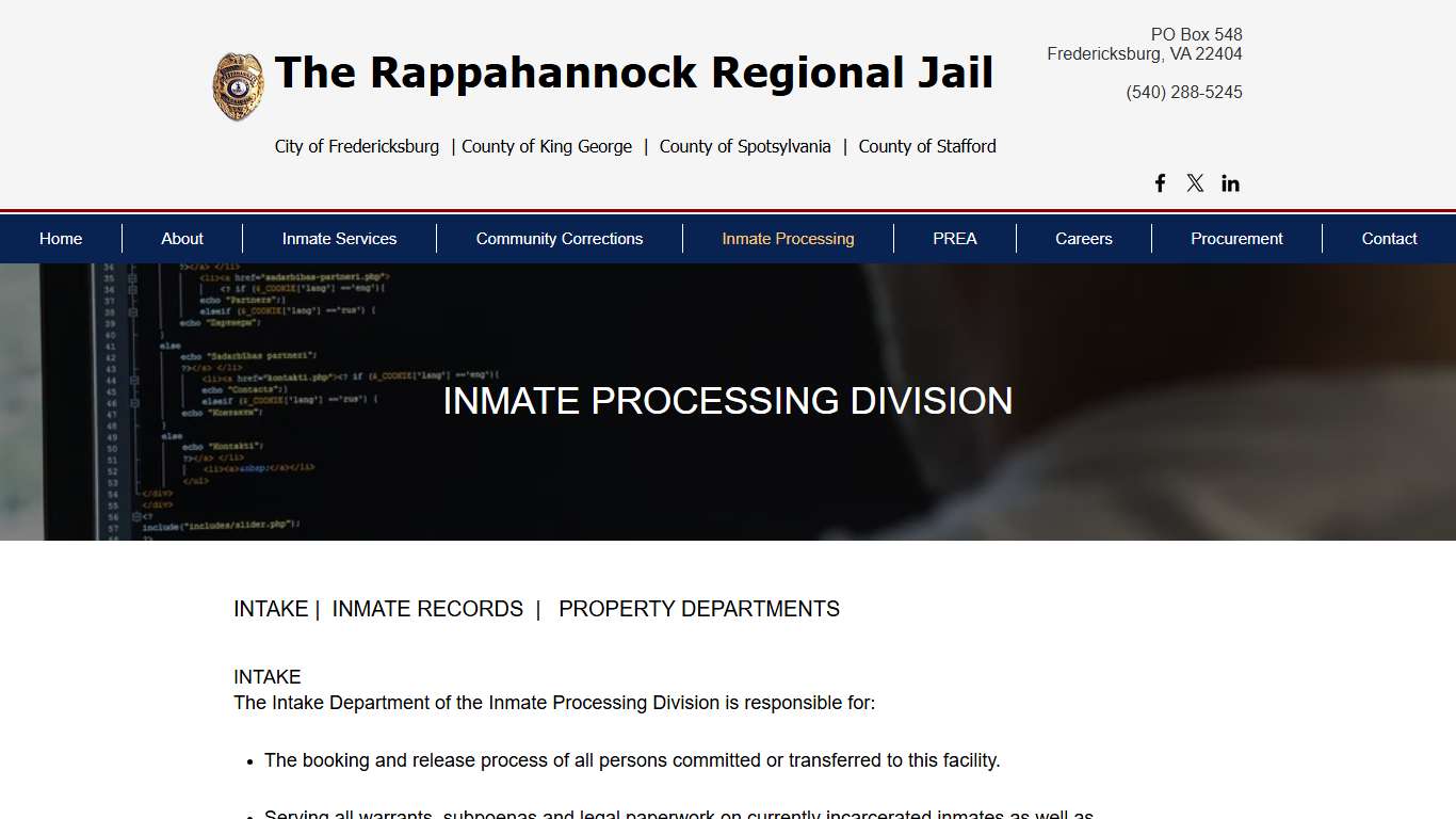 Rappahannock Regional Jail | Inmate Processing